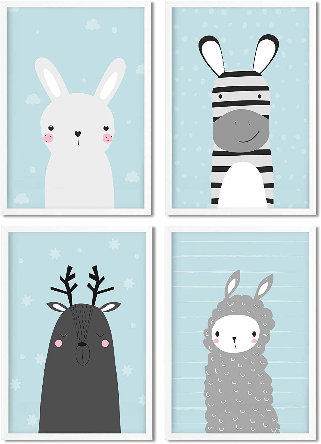 Golden Posters Poster Kinderzimmer 4er Set für Mädchen und Junge – Hase, Lama, REH und Zebra – Blau (DIN A4)