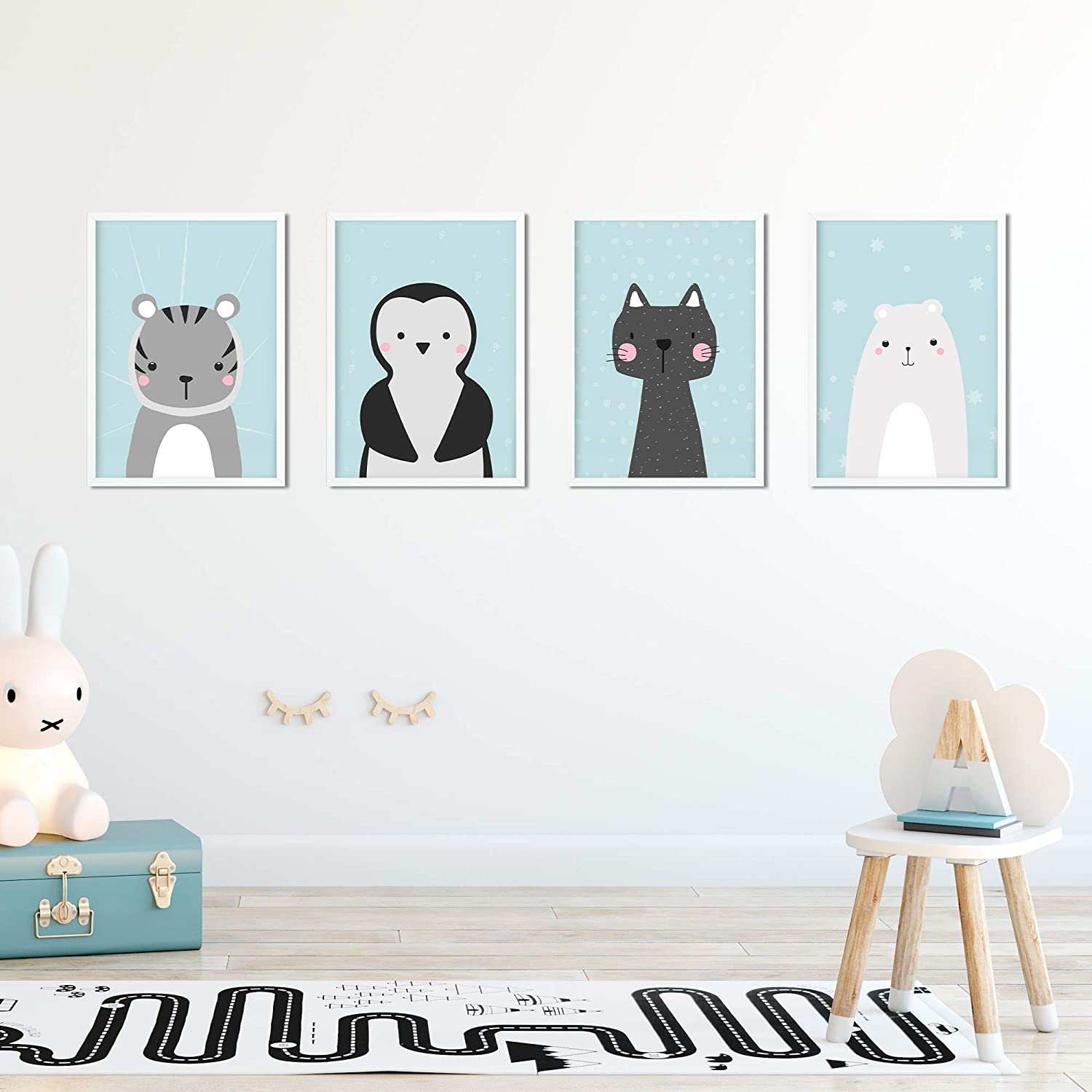 Golden Posters Poster Kinderzimmer 4er Set für Mädchen und Junge – Katze, Bär, Tiger, Pinguin – Blau (DIN A4)