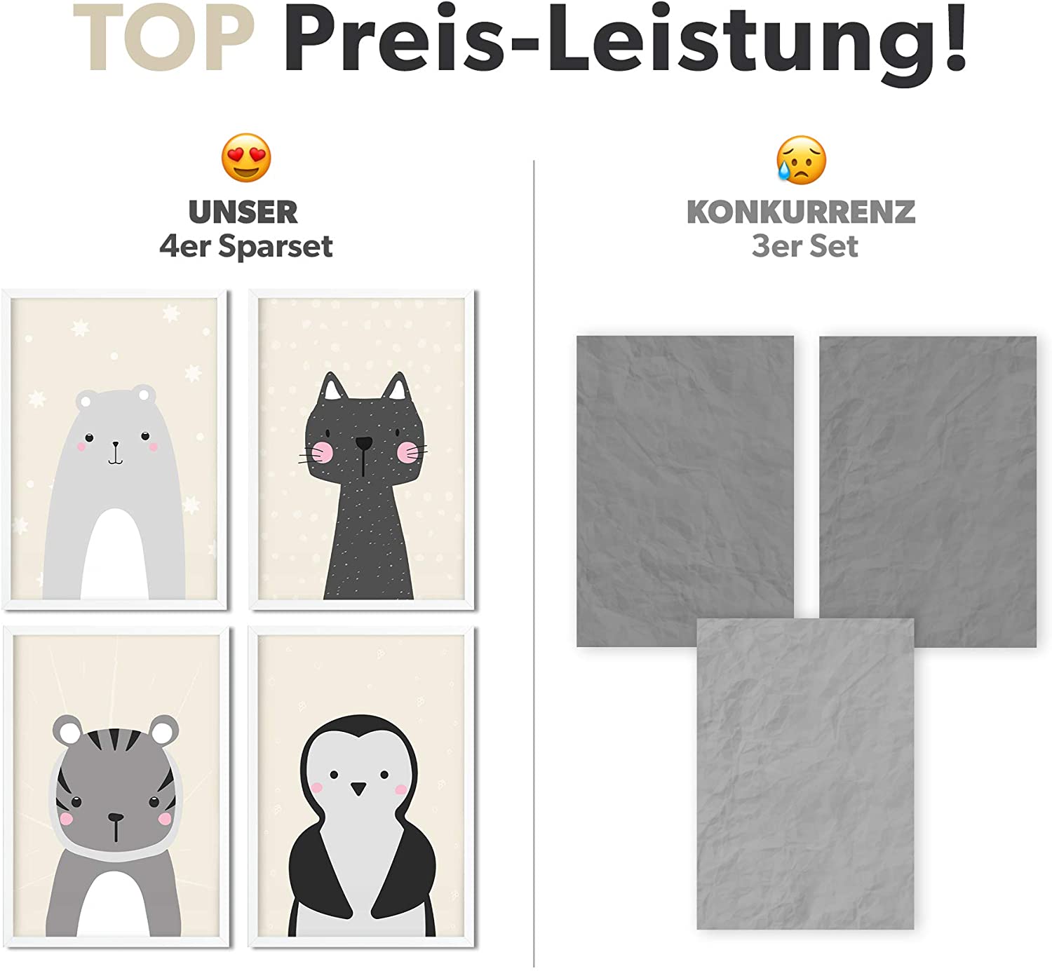 Golden Posters Poster Kinderzimmer 4er Set für Mädchen und Junge – Katze, Bär, Tiger, Pinguin – Sand (DIN A4)