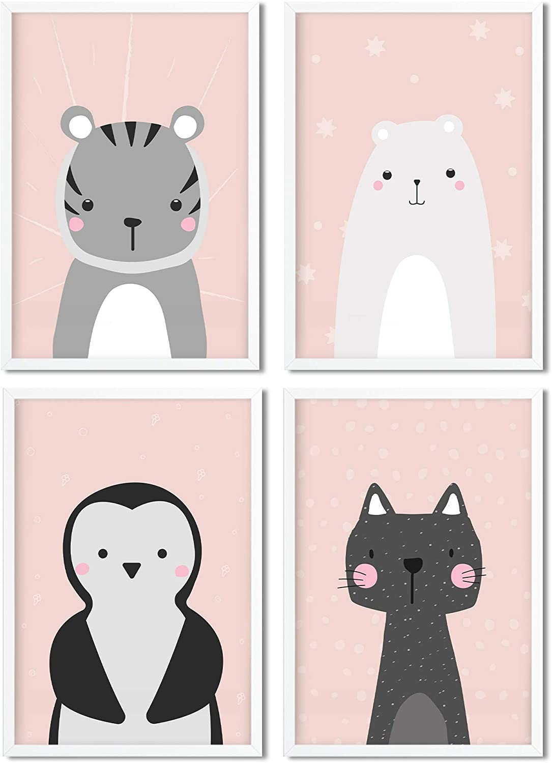 Golden Posters Poster Kinderzimmer 4er Set für Mädchen und Junge – Katze, Bär, Tiger, Pinguin – Rosa (DIN A4)