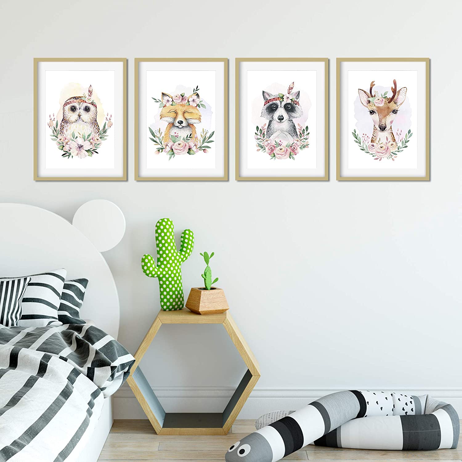 Golden Posters 4er Bilder Set Poster hochwertig süße Motive mit Tieren - Eule, Waschbär, REH, Fuchs - Bunt (Din A4)