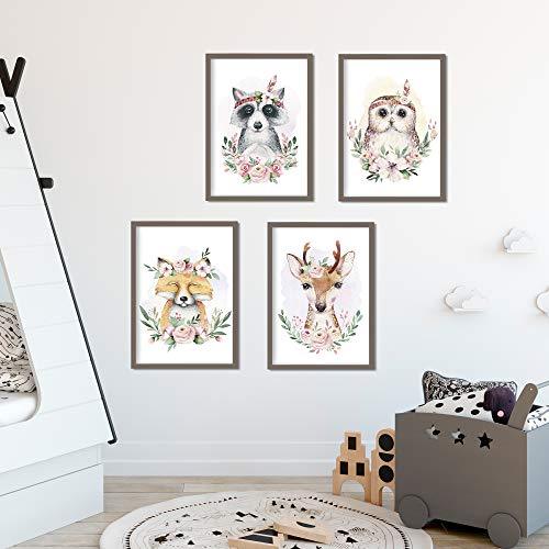 Golden Posters 4er Bilder Set Poster hochwertig süße Motive mit Tieren - Bilder Deko Kinderzimmer Mädchen und Junge - Bilderset Baby - Papier DIN A 4 300g/m2