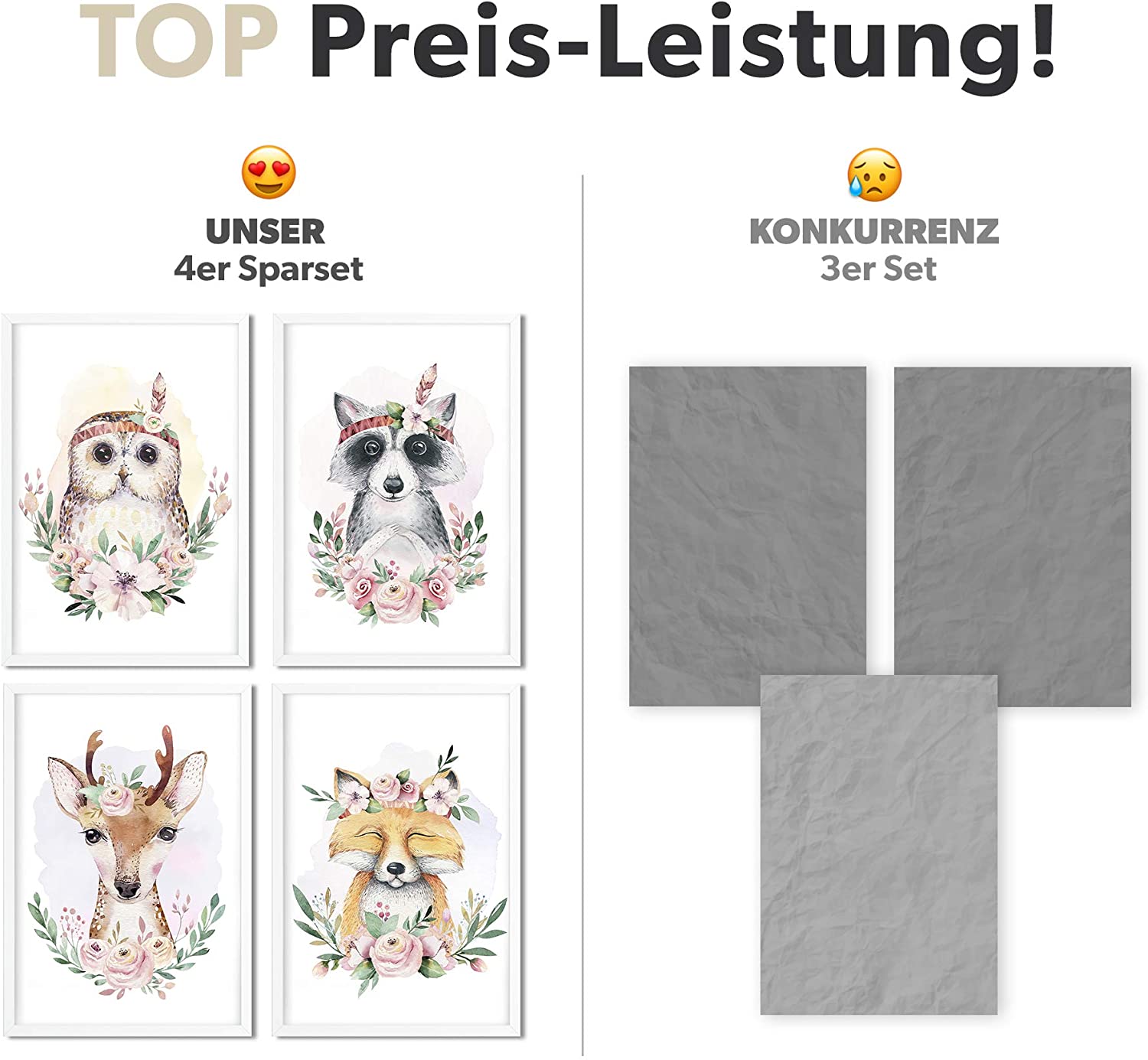 Golden Posters 4er Bilder Set Poster hochwertig süße Motive mit Tieren - Eule, Waschbär, REH, Fuchs - Bunt (Din A4)