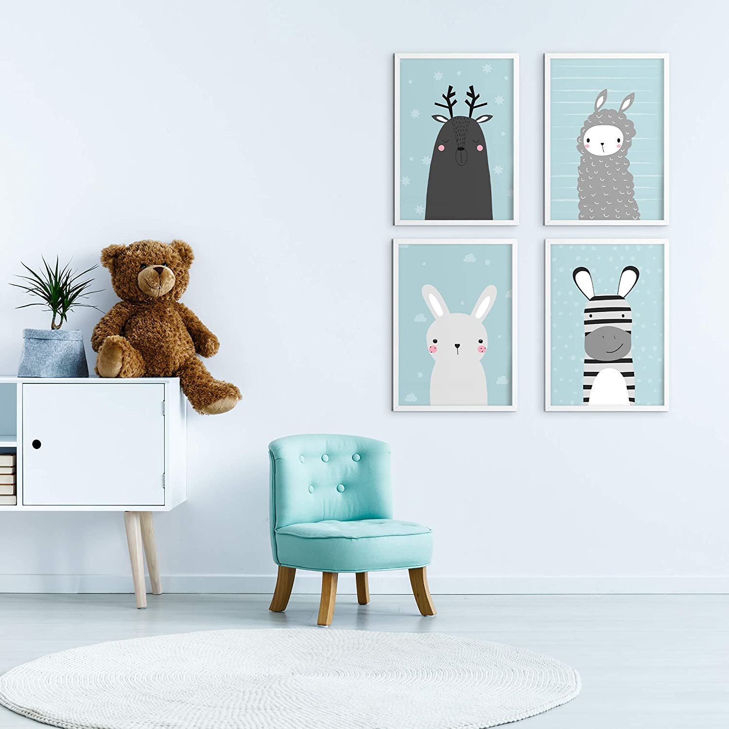 Golden Posters Poster Kinderzimmer 4er Set für Mädchen und Junge – Hase, Lama, REH und Zebra – Blau (DIN A4)