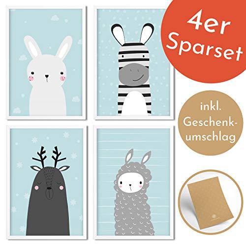 Golden Posters 4er Bilder Set Poster hochwertig süße Motive mit Tieren - Bilder Deko Kinderzimmer Mädchen und Junge - Bilderset Baby - Papier DIN A 4 300g/m2 Hase, Lama, Reh, Zebra (Blau)