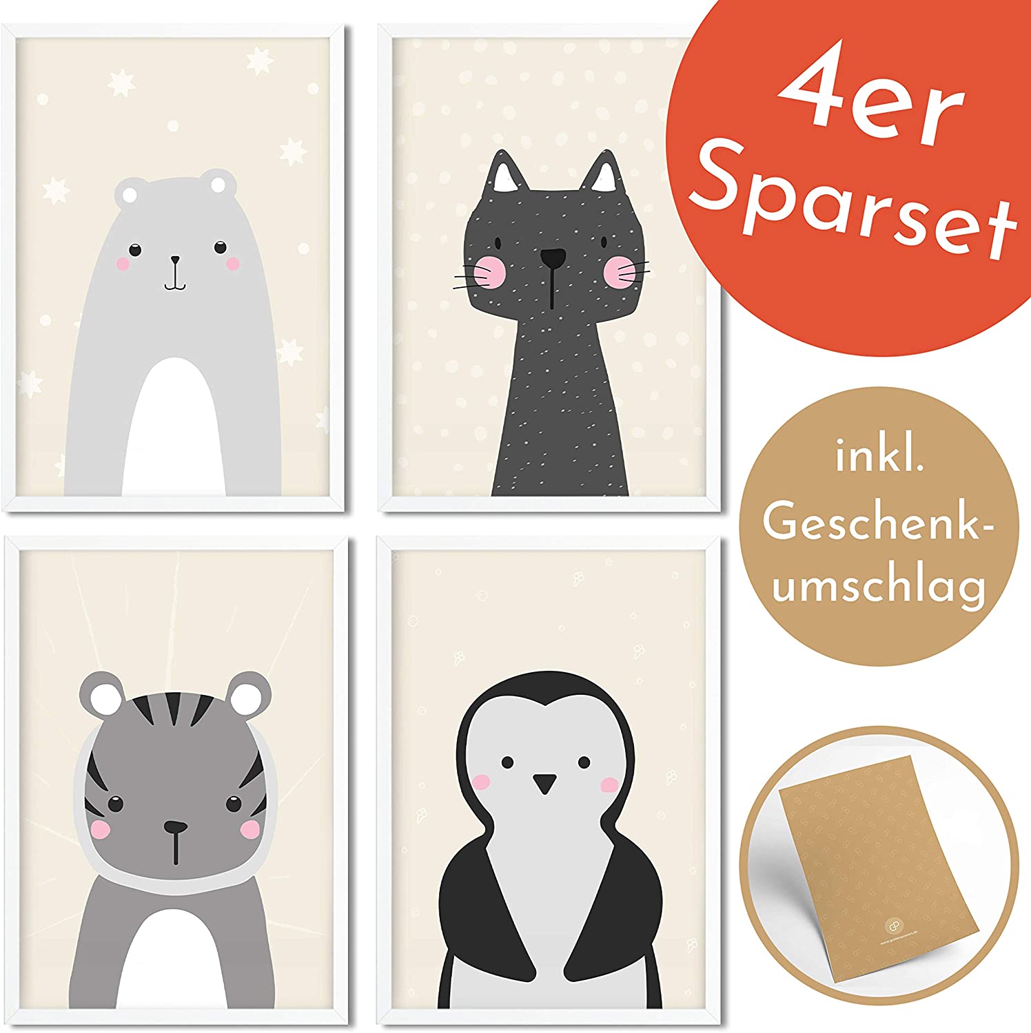 Golden Posters Poster Kinderzimmer 4er Set für Mädchen und Junge – Katze, Bär, Tiger, Pinguin – Sand (DIN A4)