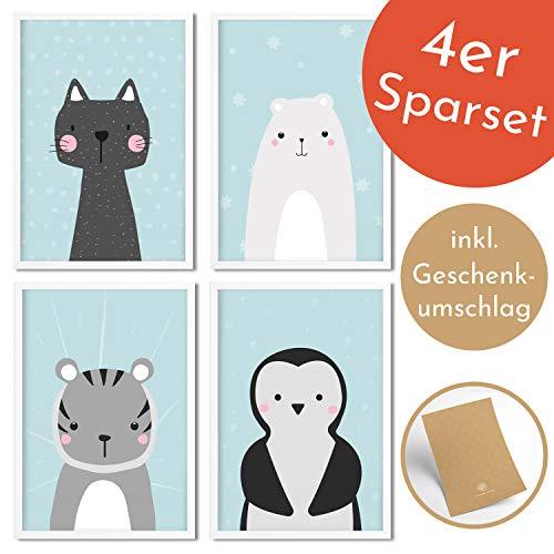 Golden Posters 4er Bilder Set Poster hochwertig süße Motive mit Tieren - Bilder Deko Kinderzimmer Mädchen und Junge - Bilderset Baby - Papier DIN A 4 300g/m2 Katze, Bär, Tiger, Pinguin (Blau)