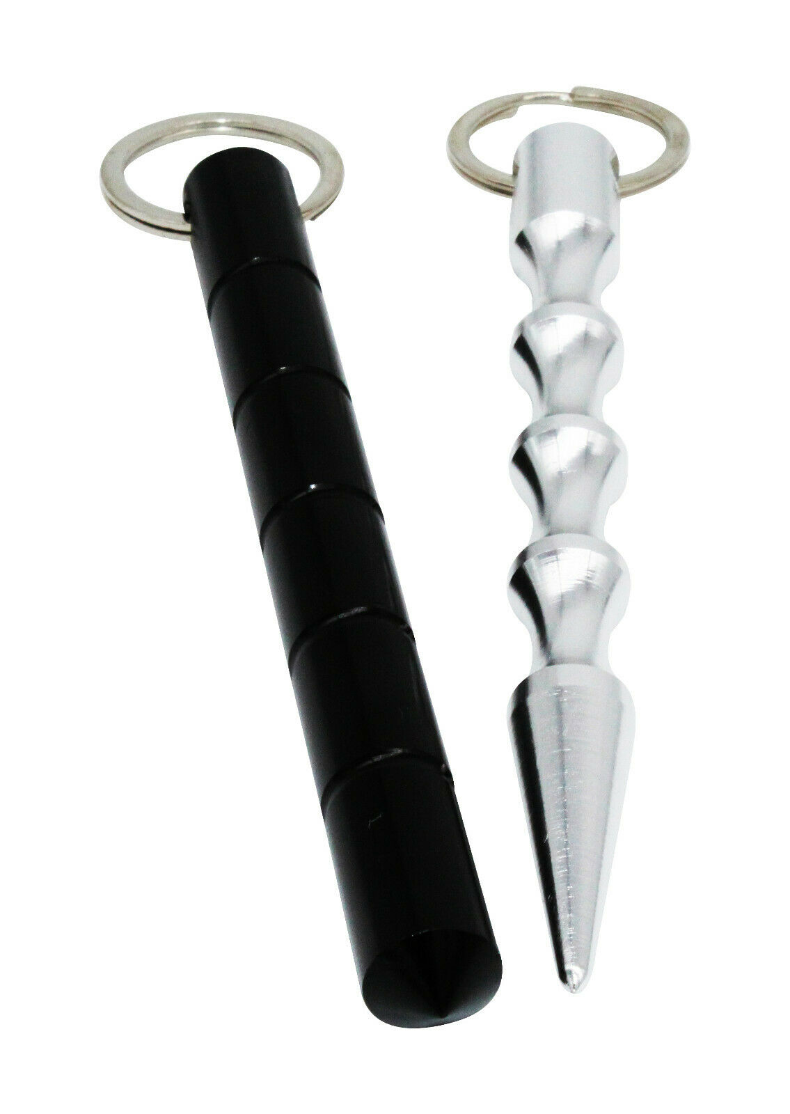ocona© 2x Kubotan (Doppelpack) zur Selbstverteidigung mit Schlüsselring (Silber Spitz + Schwarz Rund)