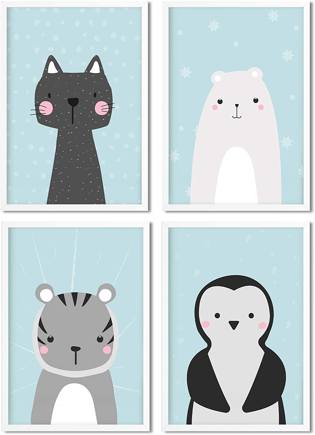 Golden Posters Poster Kinderzimmer 4er Set für Mädchen und Junge – Katze, Bär, Tiger, Pinguin – Blau (DIN A4)