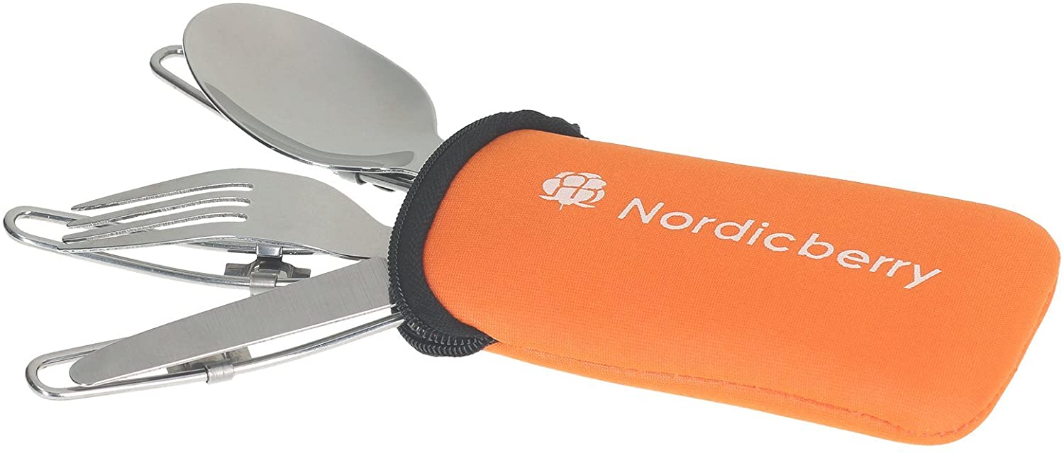 NORDICBERRY Outdoor Klappbesteck und Campingbesteck aus hochwertigem Edelstahl mit Neoprentasche (Orange)