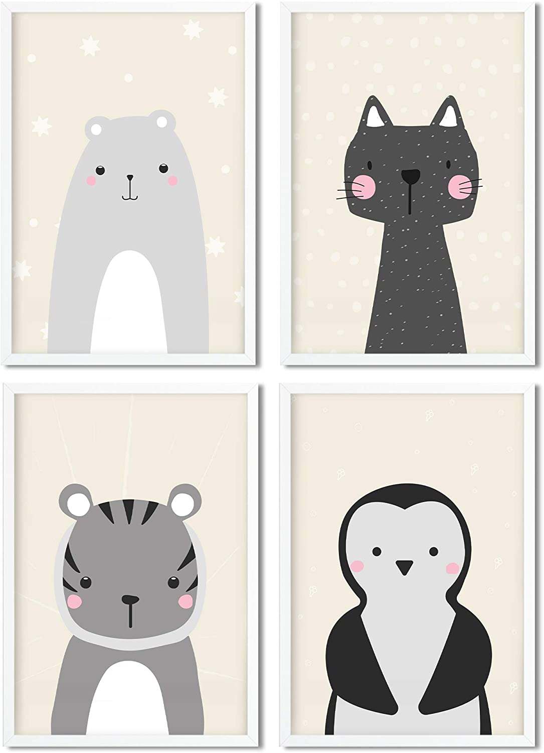 Golden Posters Poster Kinderzimmer 4er Set für Mädchen und Junge – Katze, Bär, Tiger, Pinguin – Sand (DIN A4)