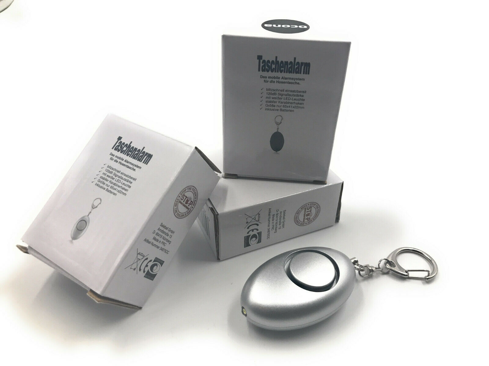 2x ocona© Taschenalarm zur Selbstverteidigung mit integrierter LED-Lampe, 140dB Silber Ei