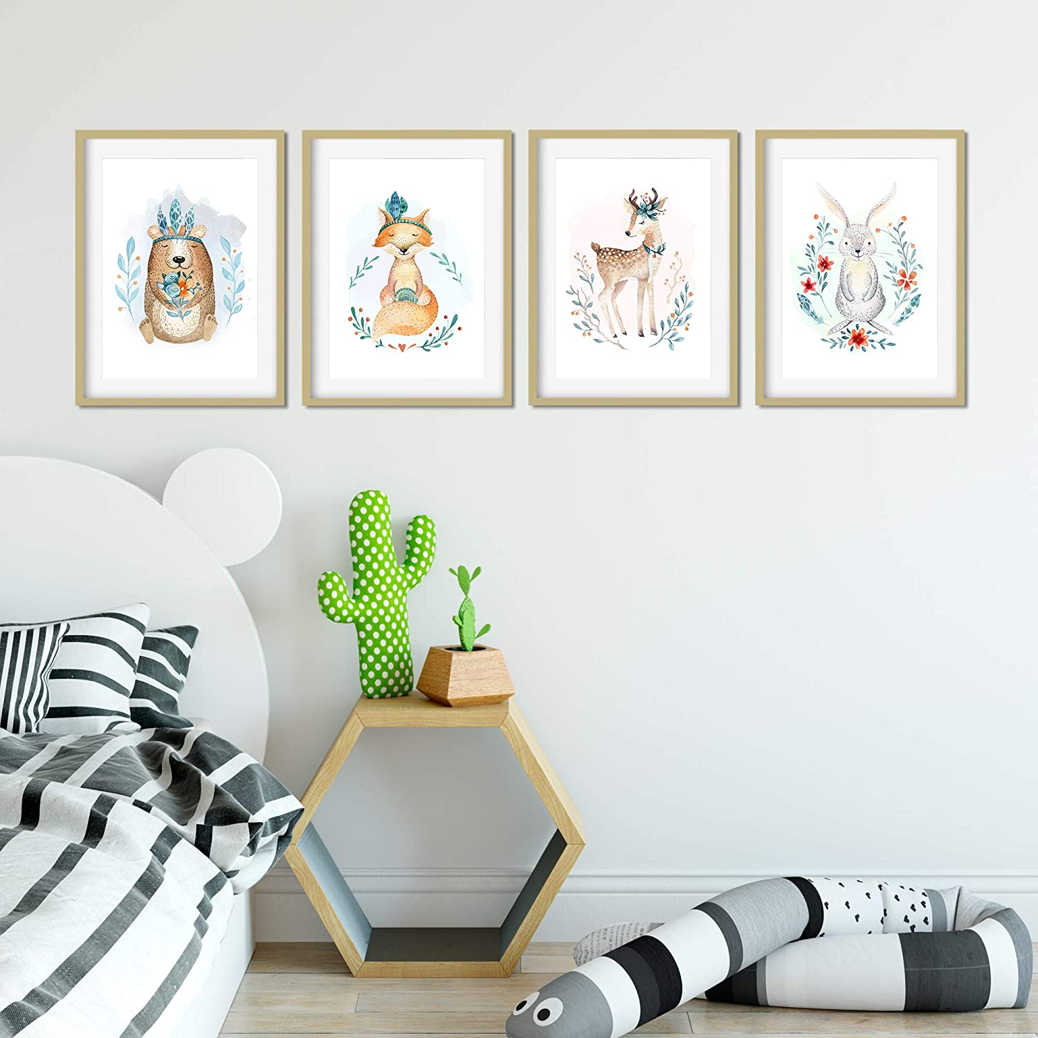 Golden Posters 4er Bilder Set Poster hochwertig süße Motive mit Tieren - REH, Bär, Hase, Fuchs - Bunt (Din A4)