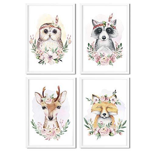 Golden Posters 4er Bilder Set Poster hochwertig süße Motive mit Tieren - Bilder Deko Kinderzimmer Mädchen und Junge - Bilderset Baby - Papier DIN A 4 300g/m2 Eule, Waschbär, Reh, Fuchs (Bunt)