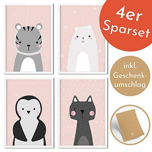 Golden Posters 4er Bilder Set Poster hochwertig süße Motive mit Tieren - Bilder Deko Kinderzimmer Mädchen und Junge - Bilderset Baby - Papier DIN A 4 300g/m2 Katze, Bär, Tiger, Pinguin (Rosa)