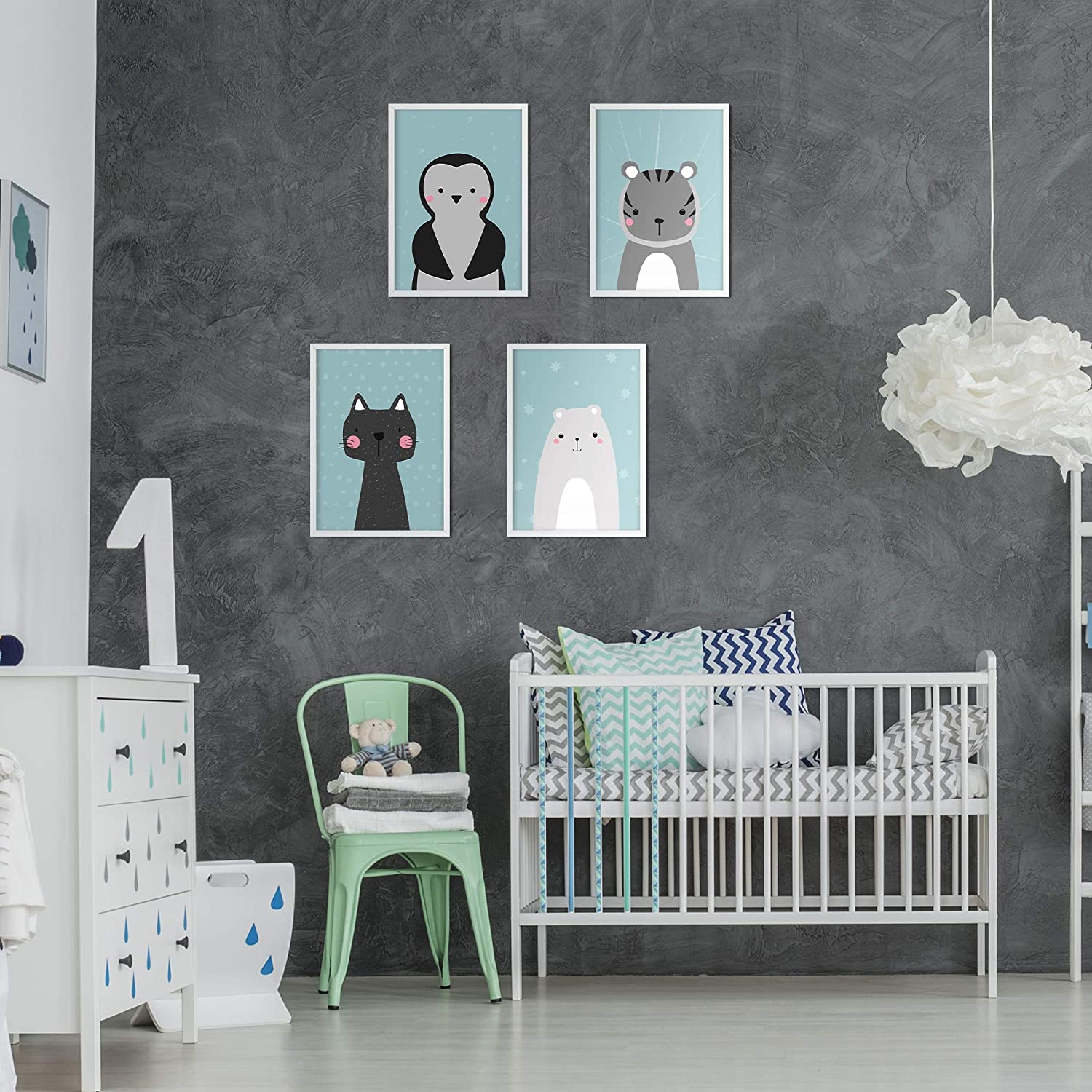 Golden Posters Poster Kinderzimmer 4er Set für Mädchen und Junge – Katze, Bär, Tiger, Pinguin – Blau (DIN A4)