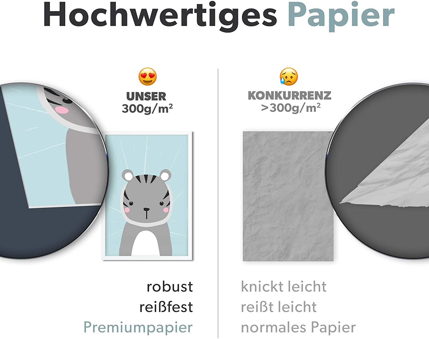 Golden Posters Poster Kinderzimmer 4er Set für Mädchen und Junge – Katze, Bär, Tiger, Pinguin – Blau (DIN A4)