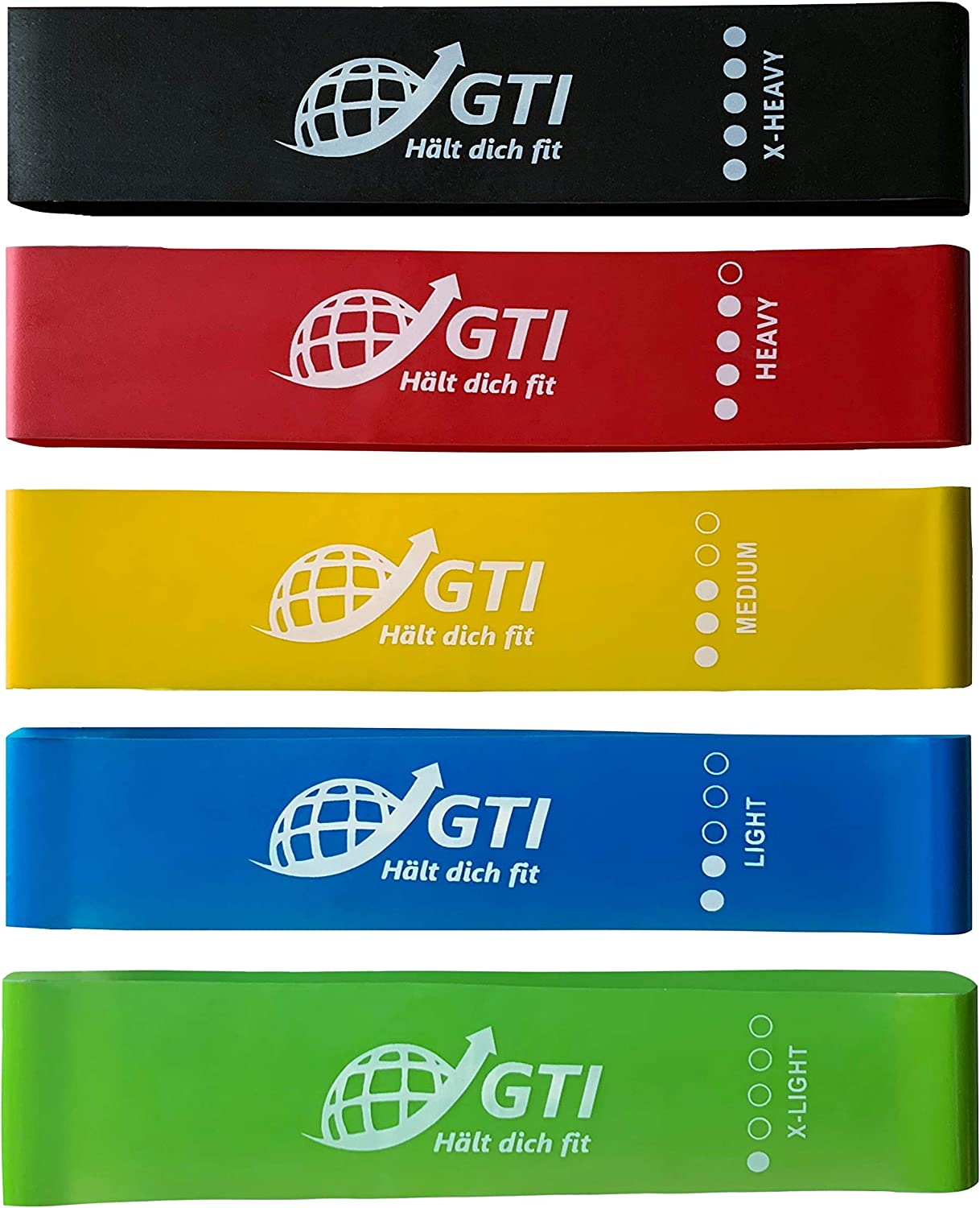 GTI Fitnessband, Gymnastikband, Widerstandsband 5er-Set mit Tragebeutel, Gymnastikband 100% Latex Theraband mit Übungsanleitung auf Deutsch, für Muskelaufbau, Yoga, Crossfit, Gymnastik usw.