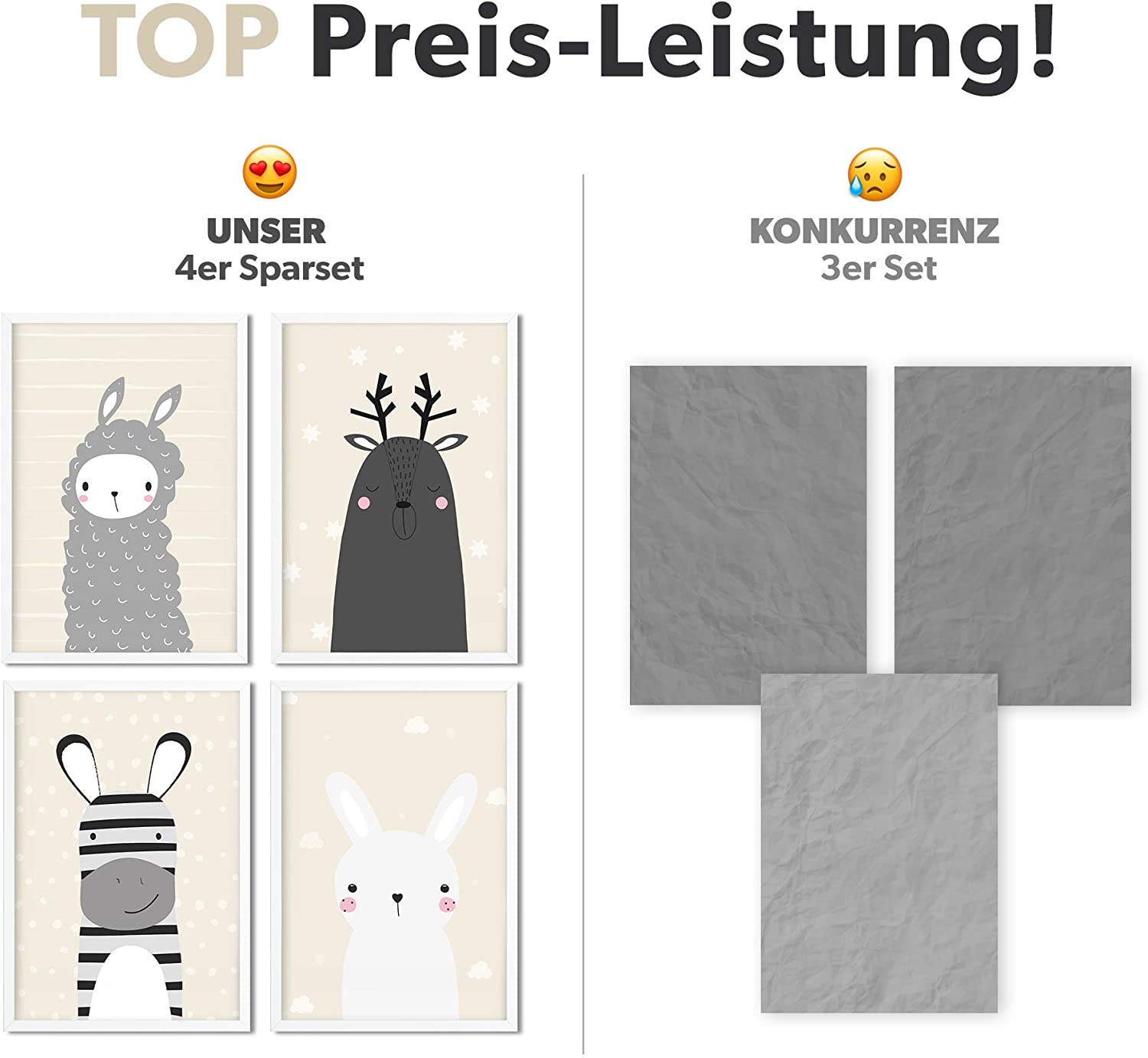 Golden Posters Poster Kinderzimmer 4er Set für Mädchen und Junge – Hase, Lama, REH und Zebra – Sand (DIN A4)