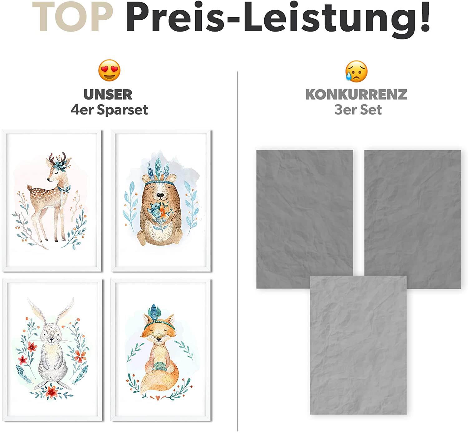Golden Posters 4er Bilder Set Poster hochwertig süße Motive mit Tieren - REH, Bär, Hase, Fuchs - Bunt (Din A4)