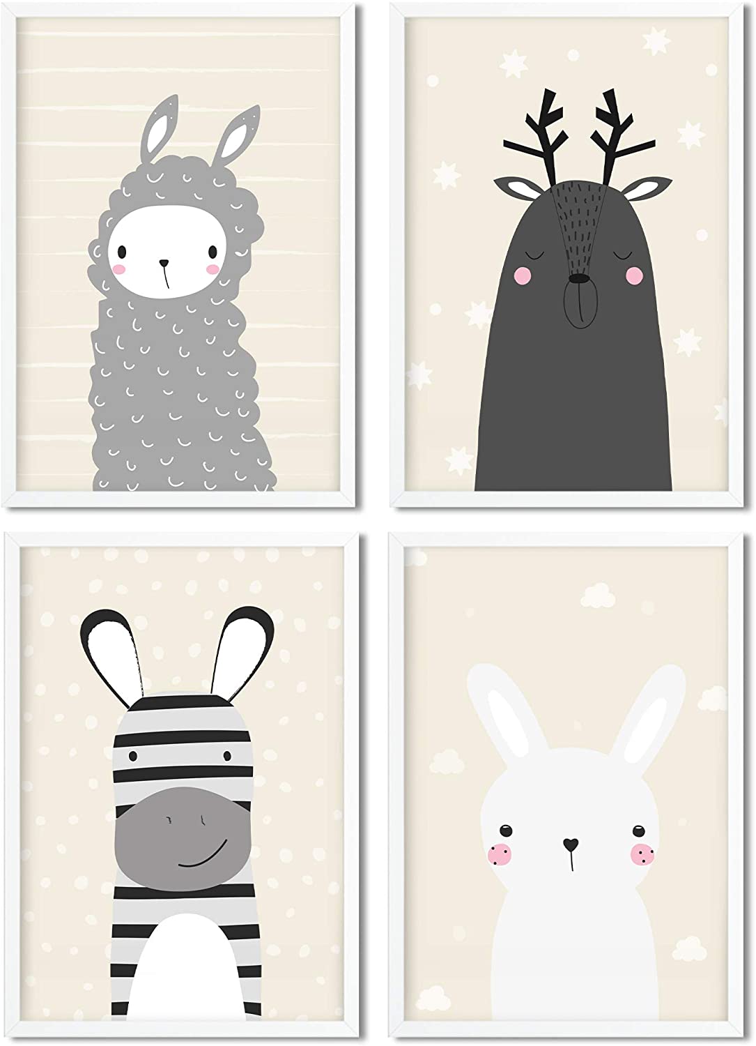 Golden Posters Poster Kinderzimmer 4er Set für Mädchen und Junge – Hase, Lama, REH und Zebra – Sand (DIN A4)