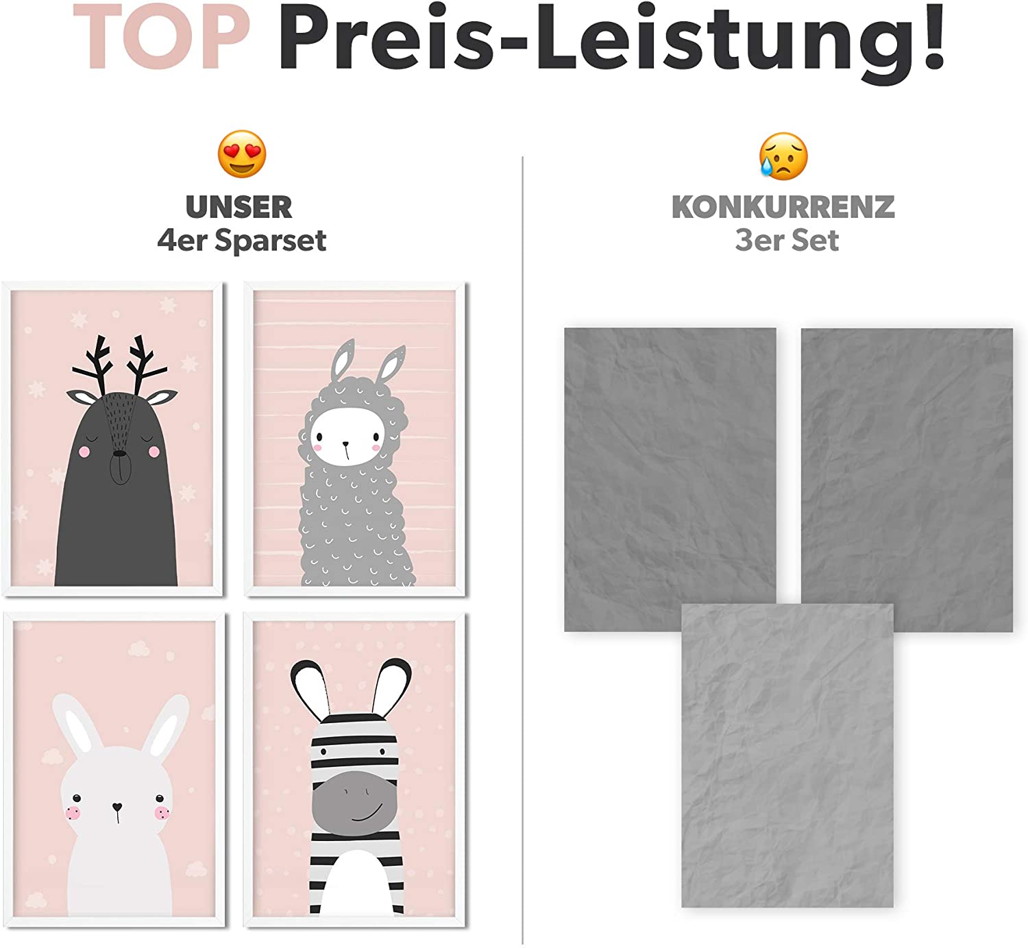 Golden Posters Poster Kinderzimmer 4er Set für Mädchen und Junge – Hase, Lama, REH und Zebra – Rosa (DIN A4)