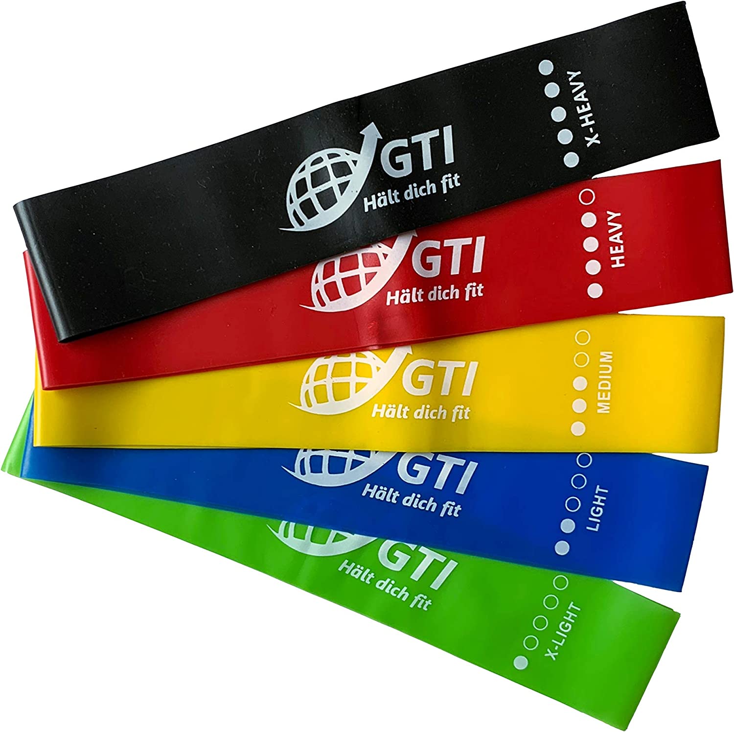 GTI Fitnessband, Gymnastikband, Widerstandsband 5er-Set mit Tragebeutel, Gymnastikband 100% Latex Theraband mit Übungsanleitung auf Deutsch, für Muskelaufbau, Yoga, Crossfit, Gymnastik usw.