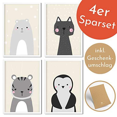 Golden Posters 4er Bilder Set Poster hochwertig süße Motive mit Tieren - Bilder Deko Kinderzimmer Mädchen und Junge - Bilderset Baby - Papier DIN A 4 300g/m2 Katze, Bär, Tiger, Pinguin (Sand)