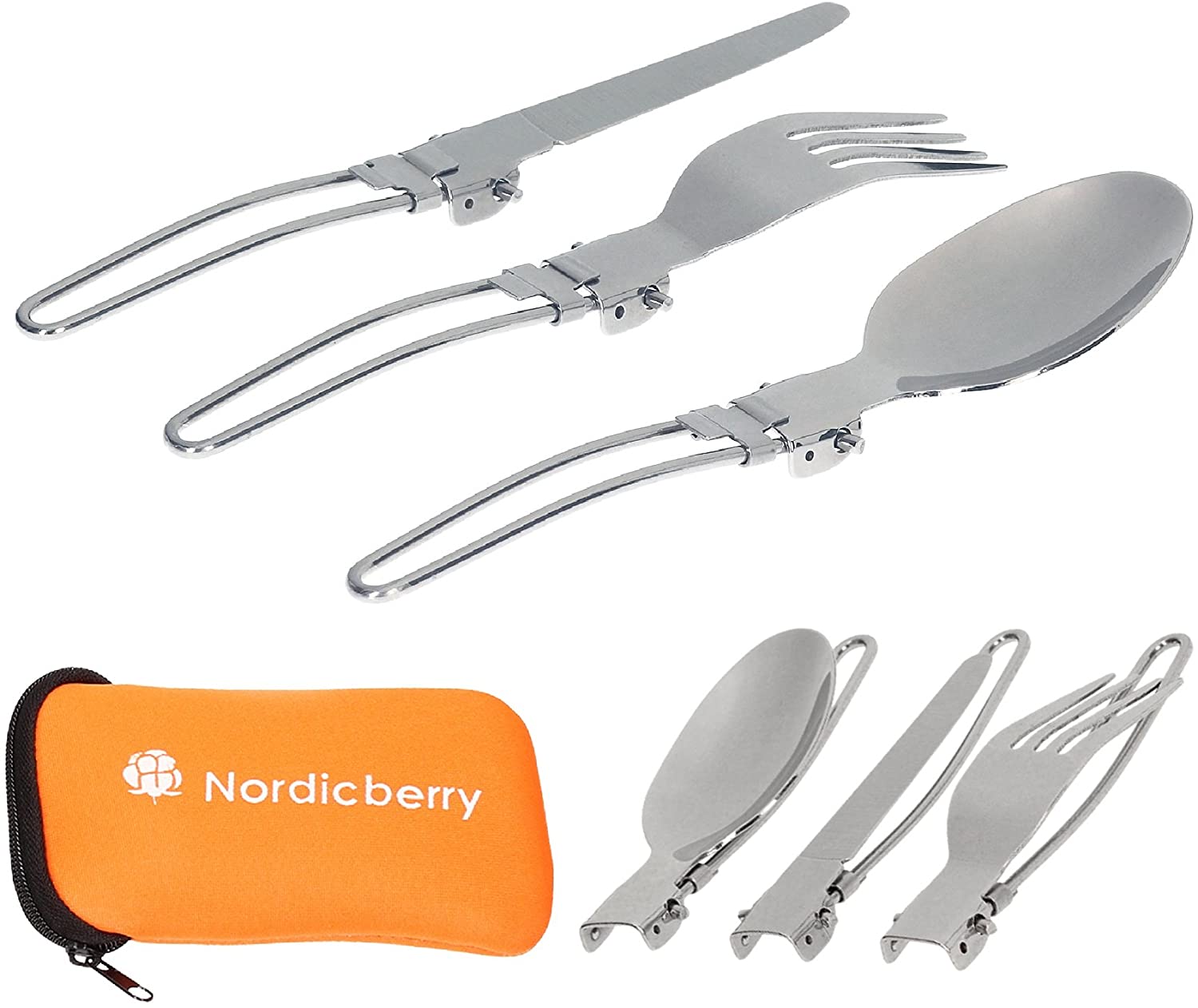 NORDICBERRY Outdoor Klappbesteck und Campingbesteck aus hochwertigem Edelstahl mit Neoprentasche (Orange)
