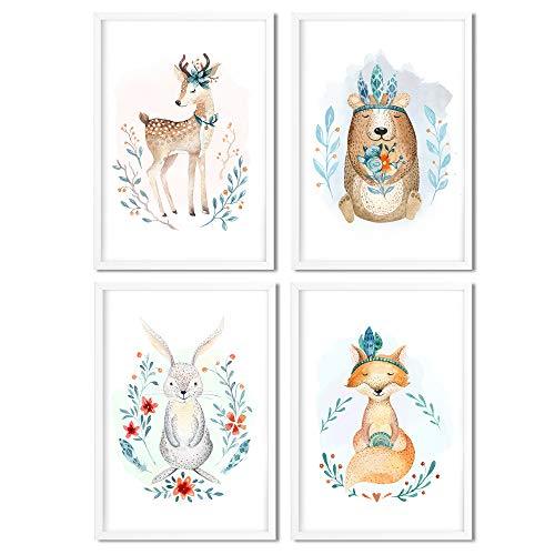 Golden Posters 4er Bilder Set Poster hochwertig süße Motive mit Tieren - Bilder Deko Kinderzimmer Mädchen und Junge - Bilderset Baby - Papier DIN A 4 300g/m2 Zebra, Bär, Hase, Fuchs (Bunt)