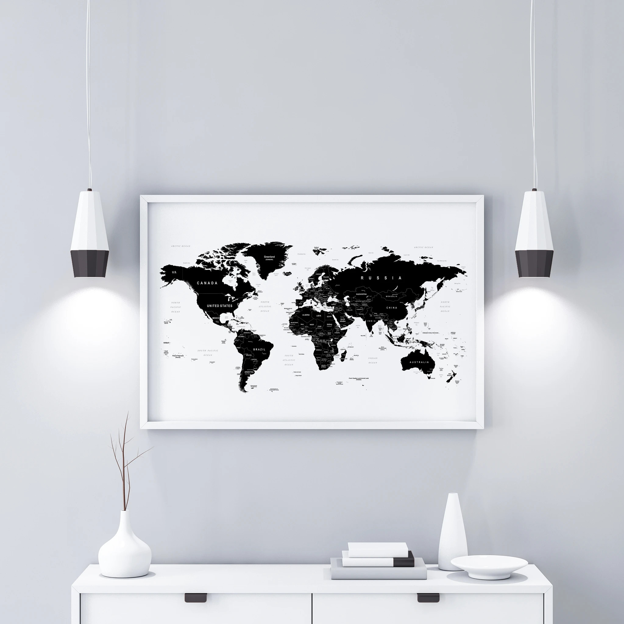 Golden Posters Weltkarte mit Legende – Schwarz Weiß (120 x 80 cm)