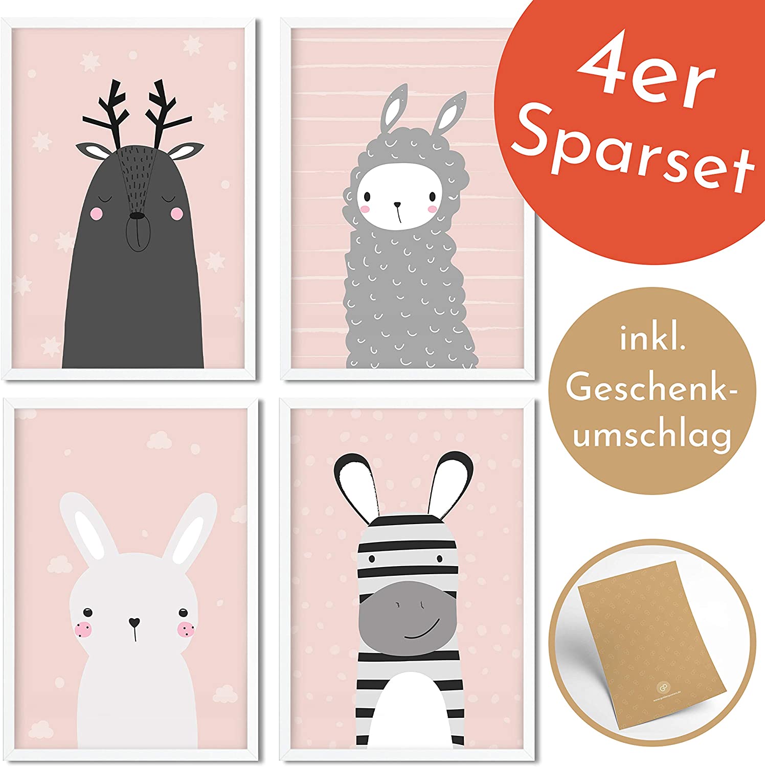 Golden Posters Poster Kinderzimmer 4er Set für Mädchen und Junge – Hase, Lama, REH und Zebra – Rosa (DIN A4)