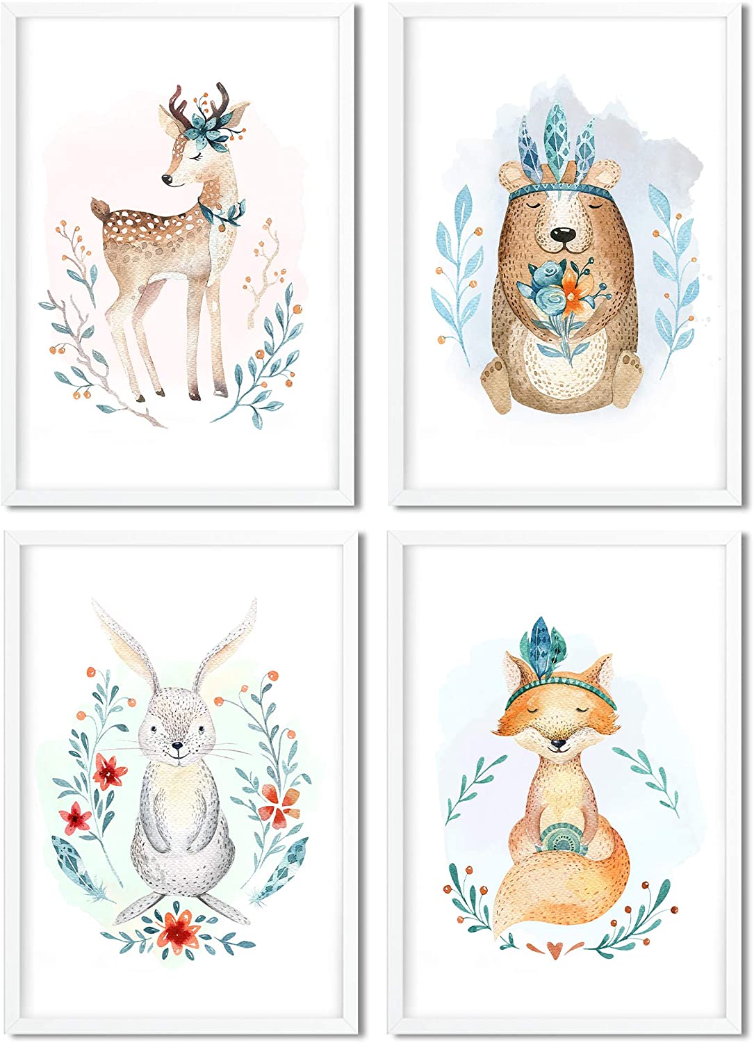 Golden Posters 4er Bilder Set Poster hochwertig süße Motive mit Tieren - REH, Bär, Hase, Fuchs - Bunt (Din A4)
