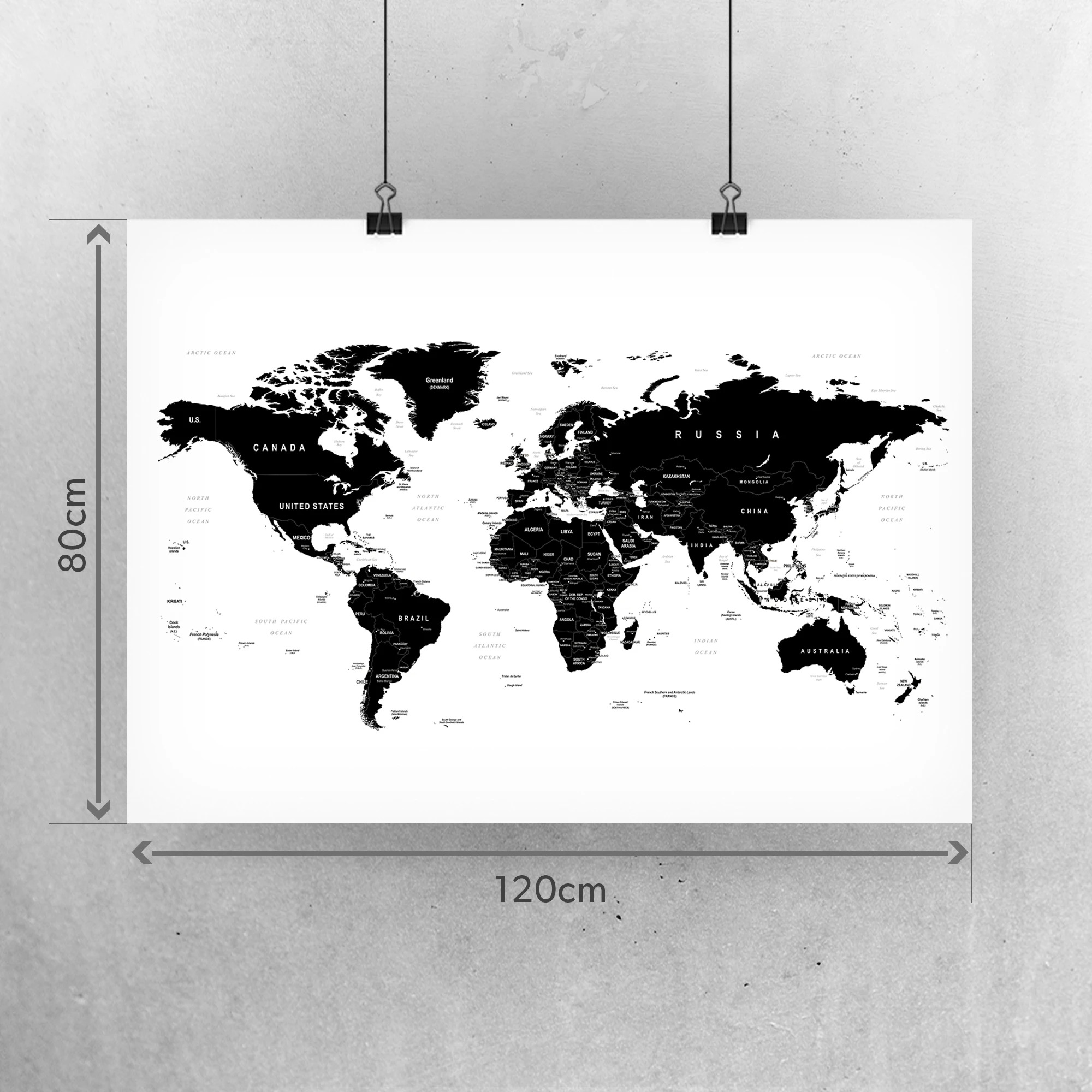 Golden Posters Weltkarte mit Legende – Schwarz Weiß (120 x 80 cm)