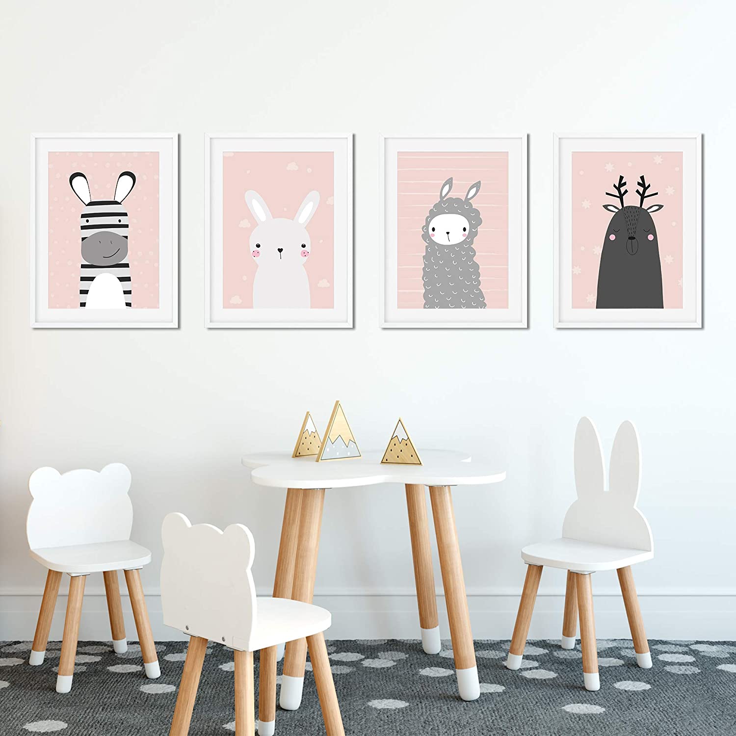 Golden Posters Poster Kinderzimmer 4er Set für Mädchen und Junge – Hase, Lama, REH und Zebra – Rosa (DIN A4)