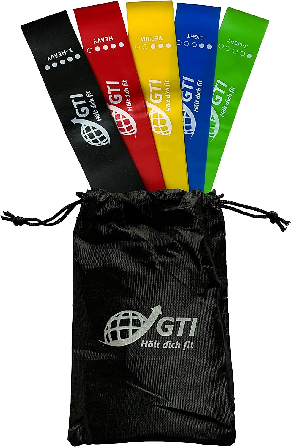 GTI Fitnessband, Gymnastikband, Widerstandsband 5er-Set mit Tragebeutel, Gymnastikband 100% Latex Theraband mit Übungsanleitung auf Deutsch, für Muskelaufbau, Yoga, Crossfit, Gymnastik usw.